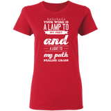 Bible Verse Ladies' 5.3 oz. T-Shirt - "Psalm 119:105" Design 17 (White Font) - Meditate Healing Christian Store
