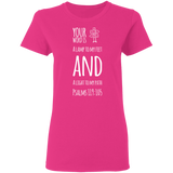 Bible Verse Ladies' 5.3 oz. T-Shirt - "Psalm 119:105" Design 19 (White Font) - Meditate Healing Christian Store