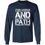 Bible Verse Long Shirt Ultra Cotton T-Shirt - "Psalm 119:105" Design 7 (White Font) - Meditate Healing Christian Store