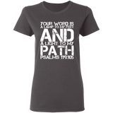 Bible Verse Ladies' 5.3 oz. T-Shirt - "Psalm 119:105" Design 7 (White Font) - Meditate Healing Christian Store