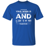 Bible Verse Men 5.3 oz. T-Shirt - "Psalm 119:105" Design 16 (White Font) - Meditate Healing Christian Store