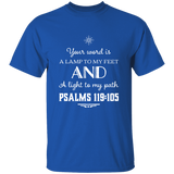 Bible Verse Men 5.3 oz. T-Shirt - "Psalm 119:105" Design 5 (White Font) - Meditate Healing Christian Store