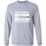 Bible Verse Long Shirt Ultra Cotton T-Shirt - "Psalm 119:105" Design 21 (White Font) - Meditate Healing Christian Store