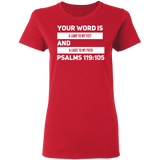 Bible Verse Ladies' 5.3 oz. T-Shirt - "Psalm 119:105" Design 21 (White Font) - Meditate Healing Christian Store