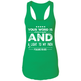 Bible Verse Ladies Ideal Racerback Tank - "Psalm 119:105" Design 16 (White Font) - Meditate Healing Christian Store