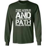 Bible Verse Long Shirt Ultra Cotton T-Shirt - "Psalm 119:105" Design 7 (White Font) - Meditate Healing Christian Store