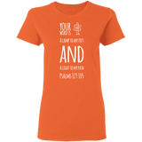 Bible Verse Ladies' 5.3 oz. T-Shirt - "Psalm 119:105" Design 19 (White Font) - Meditate Healing Christian Store