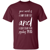 Bible Verse Men 5.3 oz. T-Shirt - "Psalm 119:105" Design 9 (White Font) - Meditate Healing Christian Store