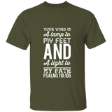 Bible Verse Men 5.3 oz. T-Shirt - "Psalm 119:105" Design 3 (White Font) - Meditate Healing Christian Store