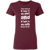 Bible Verse Ladies' 5.3 oz. T-Shirt - "Psalm 119:105" Design 6 (White Font) - Meditate Healing Christian Store