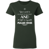 Bible Verse Ladies' 5.3 oz. T-Shirt - "Psalm 119:105" Design 5 (White Font) - Meditate Healing Christian Store