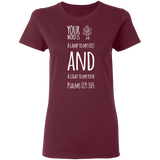Bible Verse Ladies' 5.3 oz. T-Shirt - "Psalm 119:105" Design 19 (White Font) - Meditate Healing Christian Store