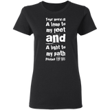 Bible Verse Ladies' 5.3 oz. T-Shirt - "Psalm 119:105" Design 6 (White Font) - Meditate Healing Christian Store
