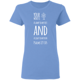 Bible Verse Ladies' 5.3 oz. T-Shirt - "Psalm 119:105" Design 19 (White Font) - Meditate Healing Christian Store