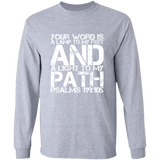 Bible Verse Long Shirt Ultra Cotton T-Shirt - "Psalm 119:105" Design 7 (White Font) - Meditate Healing Christian Store