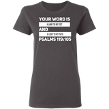 Bible Verse Ladies' 5.3 oz. T-Shirt - "Psalm 119:105" Design 21 (White Font) - Meditate Healing Christian Store