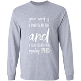 Bible Verse Long Shirt Ultra Cotton T-Shirt - "Psalm 119:105" Design 9 (White Font) - Meditate Healing Christian Store