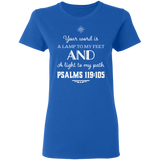 Bible Verse Ladies' 5.3 oz. T-Shirt - "Psalm 119:105" Design 5 (White Font) - Meditate Healing Christian Store