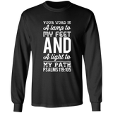 Bible Verse Long Shirt Ultra Cotton T-Shirt - "Psalm 119:105" Design 3 (White Font) - Meditate Healing Christian Store