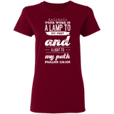 Bible Verse Ladies' 5.3 oz. T-Shirt - "Psalm 119:105" Design 17 (White Font) - Meditate Healing Christian Store