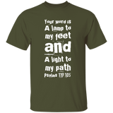 Bible Verse Men 5.3 oz. T-Shirt - "Psalm 119:105" Design 6 (White Font) - Meditate Healing Christian Store