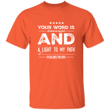 Bible Verse Men 5.3 oz. T-Shirt - "Psalm 119:105" Design 16 (White Font) - Meditate Healing Christian Store