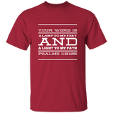 Bible Verse Men 5.3 oz. T-Shirt - "Psalm 119:105" Design 11 (White Font) - Meditate Healing Christian Store