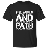 Bible Verse Men 5.3 oz. T-Shirt - "Psalm 119:105" Design 7 (White Font) - Meditate Healing Christian Store