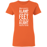 Bible Verse Ladies' 5.3 oz. T-Shirt - "Psalm 119:105" Design 4 (White Font) - Meditate Healing Christian Store