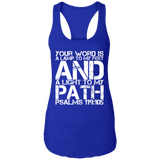 Bible Verse Ladies Ideal Racerback Tank - "Psalm 119:105" Design 7 (White Font) - Meditate Healing Christian Store