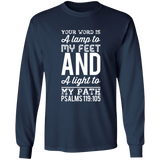 Bible Verse Long Shirt Ultra Cotton T-Shirt - "Psalm 119:105" Design 3 (White Font) - Meditate Healing Christian Store