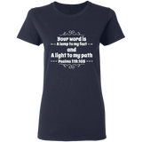 Bible Verse Ladies' 5.3 oz. T-Shirt - "Psalm 119:105" Design 1 (White Font) - Meditate Healing Christian Store