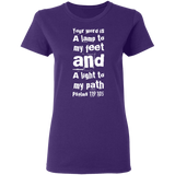 Bible Verse Ladies' 5.3 oz. T-Shirt - "Psalm 119:105" Design 6 (White Font) - Meditate Healing Christian Store
