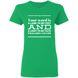Bible Verse Ladies' 5.3 oz. T-Shirt - "Psalm 119:105" Design 10 (White Font) - Meditate Healing Christian Store