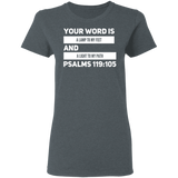 Bible Verse Ladies' 5.3 oz. T-Shirt - "Psalm 119:105" Design 21 (White Font) - Meditate Healing Christian Store