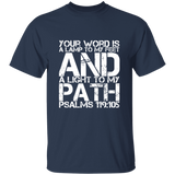 Bible Verse Men 5.3 oz. T-Shirt - "Psalm 119:105" Design 7 (White Font) - Meditate Healing Christian Store