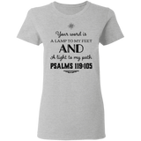 Bible Verse Ladies' 5.3 oz. T-Shirt - "Psalm 119:105" Design 5 (Black Font) - Meditate Healing Christian Store