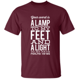 Bible Verse Men 5.3 oz. T-Shirt - "Psalm 119:105" Design 4 (White Font) - Meditate Healing Christian Store