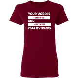 Bible Verse Ladies' 5.3 oz. T-Shirt - "Psalm 119:105" Design 21 (White Font) - Meditate Healing Christian Store