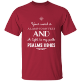 Bible Verse Men 5.3 oz. T-Shirt - "Psalm 119:105" Design 5 (White Font) - Meditate Healing Christian Store