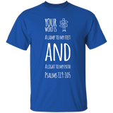 Bible Verse Men 5.3 oz. T-Shirt - "Psalm 119:105" Design 19 (White Font) - Meditate Healing Christian Store