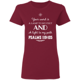 Bible Verse Ladies' 5.3 oz. T-Shirt - "Psalm 119:105" Design 5 (White Font) - Meditate Healing Christian Store