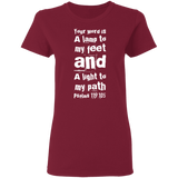Bible Verse Ladies' 5.3 oz. T-Shirt - "Psalm 119:105" Design 6 (White Font) - Meditate Healing Christian Store