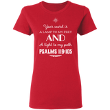 Bible Verse Ladies' 5.3 oz. T-Shirt - "Psalm 119:105" Design 5 (White Font) - Meditate Healing Christian Store