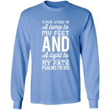 Bible Verse Long Shirt Ultra Cotton T-Shirt - "Psalm 119:105" Design 3 (White Font) - Meditate Healing Christian Store