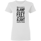 Bible Verse Ladies' 5.3 oz. T-Shirt - "Psalm 119:105" Design 4 (Black Font) - Meditate Healing Christian Store