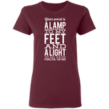 Bible Verse Ladies' 5.3 oz. T-Shirt - "Psalm 119:105" Design 4 (White Font) - Meditate Healing Christian Store