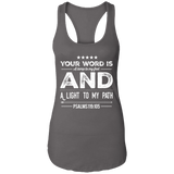 Bible Verse Ladies Ideal Racerback Tank - "Psalm 119:105" Design 16 (White Font) - Meditate Healing Christian Store