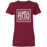 Bible Verse Ladies' 5.3 oz. T-Shirt - "Psalm 119:105" Design 12 (White Font) - Meditate Healing Christian Store
