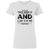 Bible Verse Ladies' 5.3 oz. T-Shirt - "Psalm 119:105" Design 16 (Black Font) - Meditate Healing Christian Store